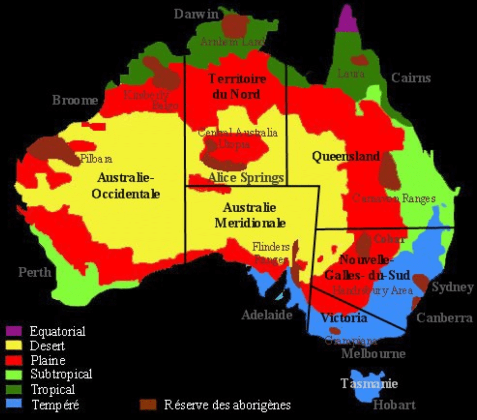 Carte des réserves aborigènes d'Australie